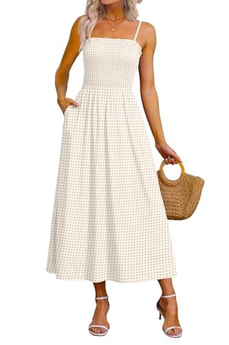 OFEEFAN Maxi Dress Spaghetti Strap Spring Sundresses for Women Sleeveless 2026 Summer Outfits Khaki Gingham L