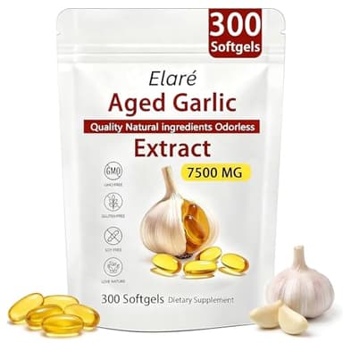 Elare Aged Garlic Extract - Odorless, Organic Garlic Extract Capsules | Heart & Immune Antioxidant Supplements, Vegetarian, All-Natural, Non-GMO, 300 Softgels