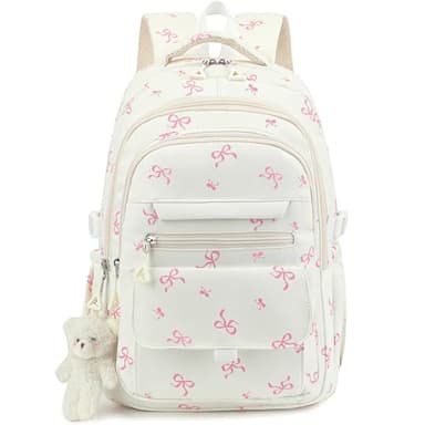 PRLINJSK Girls Backpack for College High Middle School Student, Cute Aesthetic Bookbag for Teens Women with Accessories, Beige Bow
