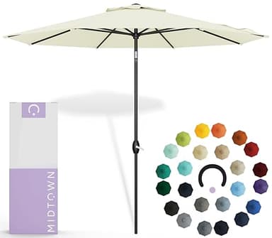 Midtown Umbrellas - The Lean 9 Ft Patio Umbrella with Fade-Resistant Sunbrella Fabric, Auto-Tilt Aluminum Frame and 8 Reinforced Ribs for Deck, Pool & Garden - Canvas Natural Canopy, Black Pole