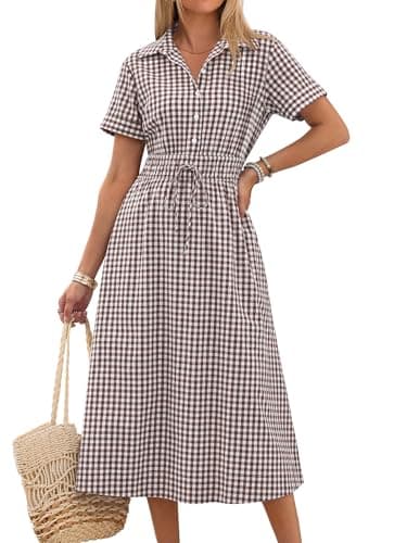 ANRABESS Women Summer Short Sleeve Midi Dress, Striped & Gingham, Casual A-Line Button Collar Shirt Dress, Beach & Vacation Brown White Plaid S