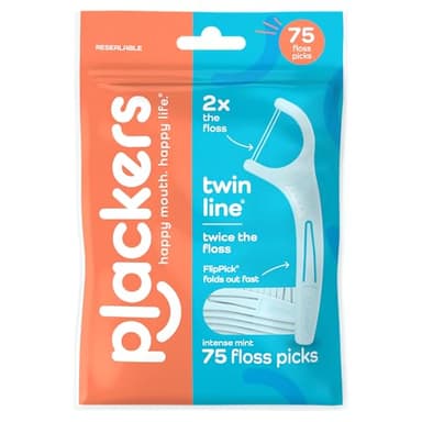 Plackers® Twin Line® Floss Picks with Tuffloss® Fiber & FlipPick®, Intense Mint, Double-Line Flosser for Effective Plaque Removal, 75 Count