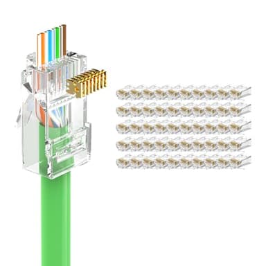 LEENUE 50 Pack RJ45 Pass Through Connector Cat6(UL Listed), 10Gbps, Gold-pated CAT6 CAT5e RJ45 connectors, UTP RJ45 Plugs for 23-26AWG Solid or Stranded Network Cables, Supports POE