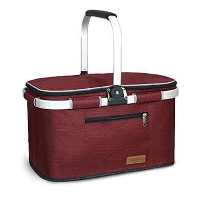 LIQING 35L Large Picnic Basket 2 Layers of Internal Pockets Leak-Proof and Insulated ,Folding with Internal Support for enhansed Stability, Wedding Gifts for Couple(Wine red)