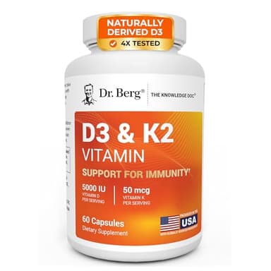 Dr. Berg Maximum Strength 7-in-1 Vitamin D3 K2 5000 IU | Naturally Derived D3 | 4X Lab-Tested & Verified | High Absorption Formula | K2 D3 Vitamin Supplement | 60 Capsules