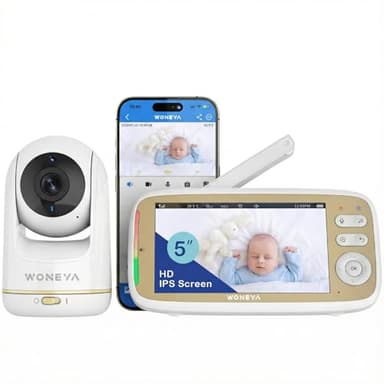 WONEYA Smart Baby Monitor, 5" HD IPS Screen, 1500ft Long Range, 48 Hours Battery, White Noises & Lullabies, 2K HD Camera, Customizable Safe Zones, Motion Detection, VOX, Free Secure Phone App