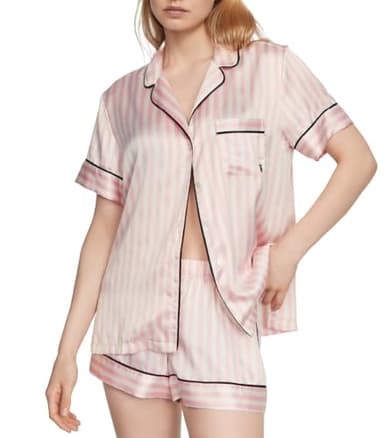 Victoria's Secret Satin Pajama Set, Short Sleeve Button Down & Shorts, Pajamas for Women, Pink Iconic Stripe, S