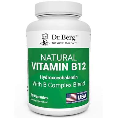 Dr. Berg Natural Vitamin B12 1000 mcg (Hydroxocobalamin) 60 Capsules – Energy, Brain & Nervous System Support* – w/B-Complex + Magnesium – 4X Lab Tested, GMO-Free, No Fillers