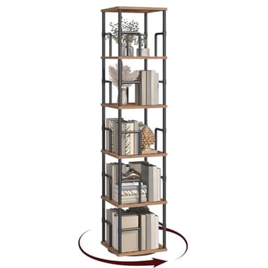 MAHANCRIS 5-Tier Rotating Bookshelf, Freestanding Corner Bookshelf, 360° Spinning Bookcase, Industrial Style Storage Rack with Rails, for Living Room, Bedroom, Study, Rustic Brown and Black BKHR1601