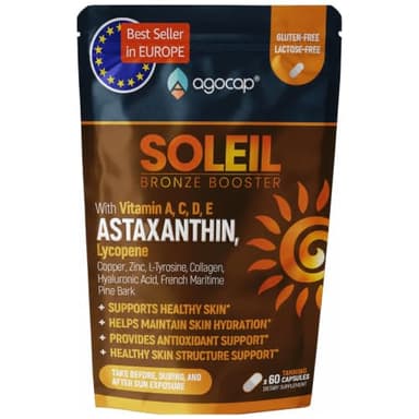 SOLEIL, Tanning Pills for Natural Glow. Self tanner with Astaxanthin, Lycopene, Collagen & Beta Carotene, Vitamins A, C, D, E, Hyaluronic Acid & Pine Bark. Tanning supplement Skin Hydration. 60 Caps