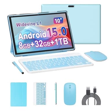 10 inch Tablet 2 in 1 Android 15 Tablets with Keyboard, 10" Tabletas Include Mouse Keyboard Stylus Case, 6000mAh 8GB RAM 32GB ROM Support 1TB Expandable Tableta Dual Camera 5G WiFi-6 Bluetooth Tablet