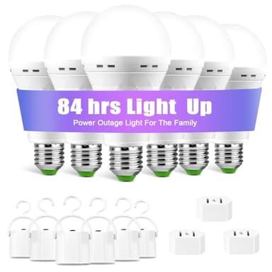 LHZHENG Emergency-Rechargeable-Light-Bulb, Stay Lights Up When Power Failure, 1500mAh 12W 60W Equivalent LED Light Bulbs for Home, Camping, Hiking (E27, with Hook,with Plug Cap) 6 Pack