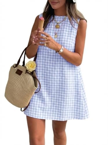 IDEALSANXUN Gingham Dress Women 2026 Spring Summer Beach Vacation Outfits Casual Cute Boho High Neck Sleeveless Plaid Sundress Mini Dress, Light Blue, S
