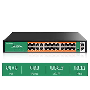 24 Ports Full Gigabit PoE Switch, 24 Port PoE+ Network Switch with 2 Uplink Gigabit Port, 400W, 802.3af/at Compliant, Unmanaged Plug and Play, Rack Mount 19-inch Rackmount, Fanless (26)