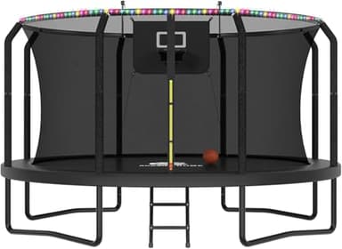 ACWARM HOME Trampoline Outdoor 14FT Trampoline with Basketball Hoop and LED Lights, Recreational Trampolines for Kids and Adults with Net and Ladder, ASTM Approved, Black