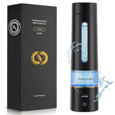 PUREPEBRIX Hydrogen Water Bottle Generator - 8100 PPB Molecular Hydrogen, SPE/PEM Tech, 12-Hour Retention, IHSA & IHSA Certified, Portable for Gym, Office & Travel (Black)