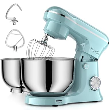 Tilt-Head Stand Mixer, 5QT+6QT Stainless Steel Two Bowls, 10 Speeds Kitchen Electric Food Mixer with Egg Whisk, Dough Hook, Beater, Dishwasher-Safe Attachment (Blue)