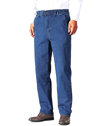 Soojun Mens Elastic Waist Jeans Relaxed Fit with Zipper and Button, Blue, 36W x 30L