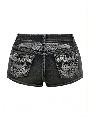 Milumia Women's Y2k Rhinestone Denim Shorts Punk Skinny Mini Jean Shorts Rave Music Festival Outfits Light Black Small