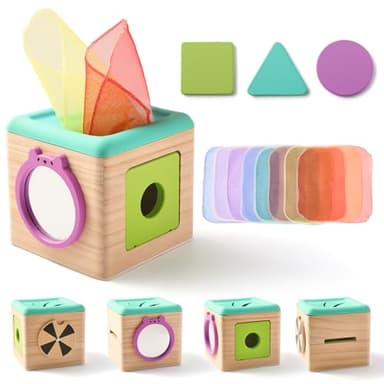 Youuys Wooden Baby Tissue Box Toy - Montessori Tissue Box Toy for Babies 12 Months with 3 Shape Blocks & 8 Silk Paper, Baby Boy Girl Gifts for Babies 12 18 Months Old Birthday Children Day