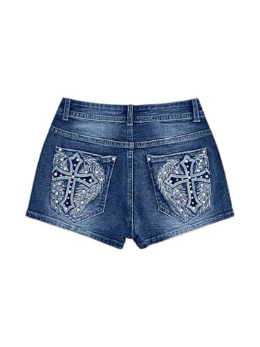 WDIRARA Women's Cross Embroidery Rhinestone Denim Shorts Y2k Grunge Punk Jean Shorts