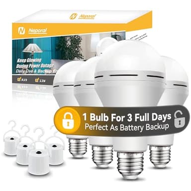 Neporal Emergency-Rechargeable-Light-Bulb, Stay Lights Up When Power Failure,15W 80W Equivalent LED Light Bulbs for Home, Camping, Tent (Daylight, 4 Pack 2600mAh)