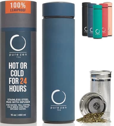 Pure Zen Tea Thermos with Infuser for Hot and Cold Infusions - Stainless Steel - Tea Infuser Bottle - Leakproof Travel Mug with Filter - 15oz - Blue