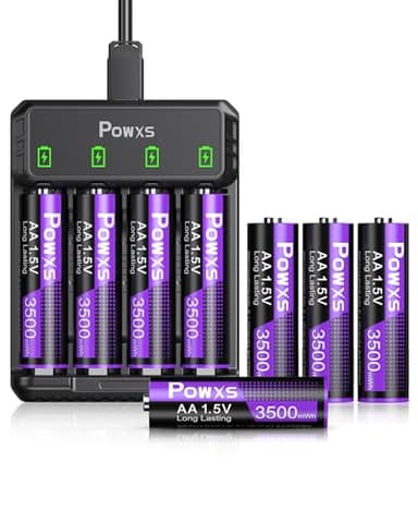 POWXS RechargeableAA Lithium Batteries 1.5V with USB Charger, 3500mWh, 2000 Cycles, Constant Voltage for Blink Camera, Security Devices, Flashlight, Audio Equipmen 8-Pack