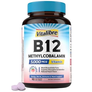 Vitalibre Vitamin B12 Sublingual 5000 mcg, Methylcobalamin, Bioactive Form, High Absorption, Vegan, Nerve, Energy, Immune, Mood Support, Natural Peach Flavor, 90 Fast Dissolve Mini Tablets, No Sugar