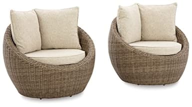 Signature Design by Ashley Danson Outdoor Lounge Chair with Cushion and 360-Degree Swivel, Set of 2, UV-Resistant Performance Fabric and Resin Wicker, Light Brown