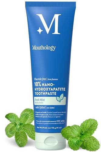 Mouthology 10% Nano Hydroxyapatite Toothpaste Fluoride Free, Whitening*, Rod Shaped nHa, Xylitol Toothpaste for Adults, Enamel Care*, Sensitive Teeth*, SLS Free, Mint 4oz (USA Made) Package May Vary