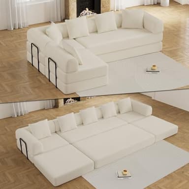 DAMAIFROM 158.6" Convertible Sleeper Sofa Bed Set with Pillow,4-in-1 Corduroy Folding Mattress Boneless Couch with Fixed-Shape Frame,Fold Out Floor Sofa Cama Lounge Couch for Living Room,Beige White