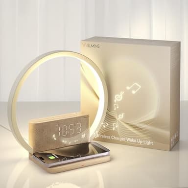 Vivilumens Sunrise Alarm Clock Wireless Charger, 10 White Noise Sound Machine Alarm Clock with 30/60/90 Mins Timer, 3 Levels Touch Night Light Dual Clocks for Heavy Sleeper Bedroom Decor Gift for Her