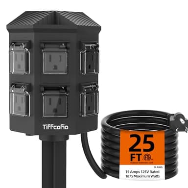 TiFFCOFiO Outdoor Power Strip Weatherproof, 25 FT Extension Cord with Stake, 6 Grounded Outlets for Yard, Pool and Garden Decorations, 15A/1875W, ETL Listed