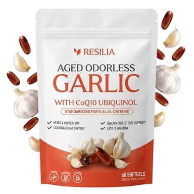 Resilia Garlic Extract 600mg Softgels (60 Count) – Odorless Aged Garlic Extract Supplement with CoQ10 Ubiquinol – 20-Month Matured, Standardized for S-Allyl Cysteine - Heart Health & Immune Support