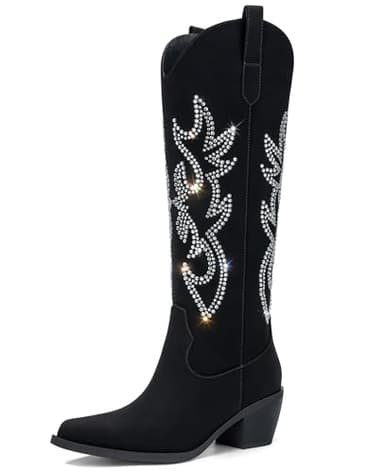 Pasuot Western Cowboy Boots for Women - Knee High Wide Calf Cowgirl Boots, Slip On Pointed Toe Chunky Heel Fashion Retro Classic Pull On Tall Boot for ladies Party concert Black & Rhinestone US 8