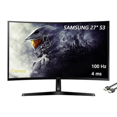 Samsung 27" Essential S3 Series FHD LED Curved Monitor, 1800R, Game Mode, 100Hz Refresh Rate, Dual Ports, Eye Comfort, Black, with HDMI Cable