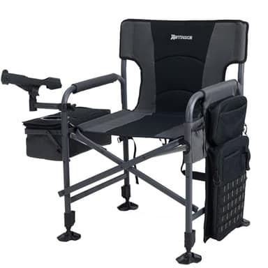 X Strike Fishing Chairs with Rod Holder, Folding Ice Fishing Chair for Adults Outdoor Camping Chair Leg Adjustable with Cooler Bag and Storage Bag for Camp, Lawn, Patio, Garden (Black)