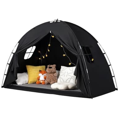 Bed Tent Twin Size - Privacy Sleeping Space with Blackout Design, Breathable Portable Indoor Floor Bed Tent for Toddler Transition、 Cottage Drafty Room Floor use (Twin-Black)