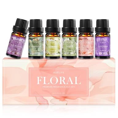 Auelife Floral Essential Oils Set - Mother's Day & Birthsday Gift, 6x10ml Rose, Jasmine, Lavender, Gardenia Pure Fragrance Oils for Diffuser, Candle Making, DIY Bath Bomb, Romantic Home Aromatherapy