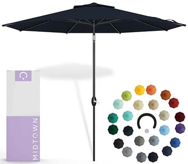Midtown Umbrellas - The Lean 9 Ft Patio Umbrella with Fade-Resistant Sunbrella Fabric, Auto-Tilt Aluminum Frame and 8 Reinforced Ribs for Deck, Pool & Garden - Canvas Navy Canopy, Black Pole