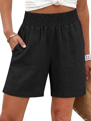ANRABESS Linen Shorts for Women Casual Summer High Waisted Wide Leg Lounge Beach Vacation Shorts with Pockets Black Large