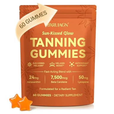 BXRUIAGN Tanning Gummies, Sunless Tanning Supplement for Women and Men, with Beta Astaxanthin, Carotene, Lycopene, Collagen & Vitamins | Skin Radiance & Hydration | Vegan & Sugar Free - 60 Count