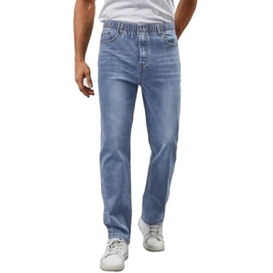 WICUSION Mens Elastic Waist Jeans Relaxed Fit Stretch Denim Pants Straight Leg Jean with Zipper Light Blue