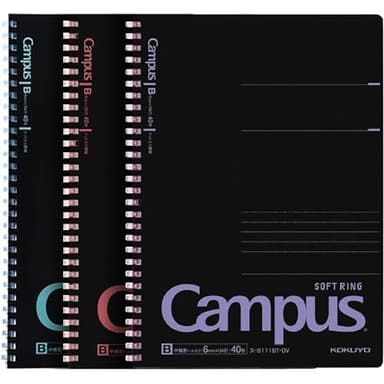 KOKUYO Spiral Notebook Journal, Black 3 Pack Campus B5 Soft Ring Notebooks with Dotted B 6mm Rule, 40 Sheets, 1 Subject Notebook in Red Purple Green, College Office Note Taking. Japan Import