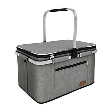 LIQING 35L Large Picnic Basket 2 Layers of Internal Pockets Leak-Proof and Insulated ,Folding with Internal Support for enhansed Stability, Wedding Gifts for Couple(Grey)