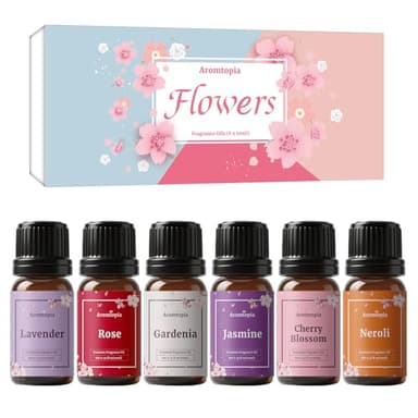 Flowers Fragrance Oils, Aromtopia Floral Essential Oils for Diffusers for Home, 6x10ml, Fragrance Oil for Soap Candle Making, Lavender, Rose, Gardenia, Cherry Blossom, Jasmine, Neroli