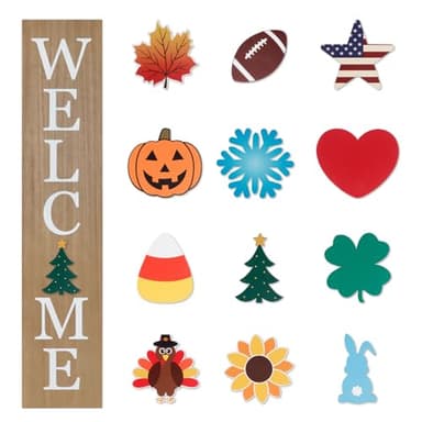 Interchangeable Welcome Sign for Front Porch- 45"X9" Large Standing/Hanging Wooden Sign with 12 PCS Replaceable Icons for 4th of July Fall Halloween Porch Wall Yard Decorations