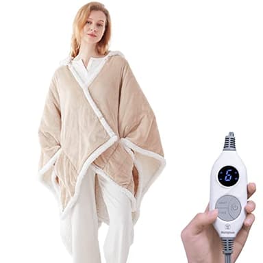 Westinghouse Wearable Heated Throw Blanket, Electric Heated Wrap Poncho Shawl with Pockets, 6 Heating Levels & 2 to 10 Hours Time Settings, 50 x 60 Inch, Beige