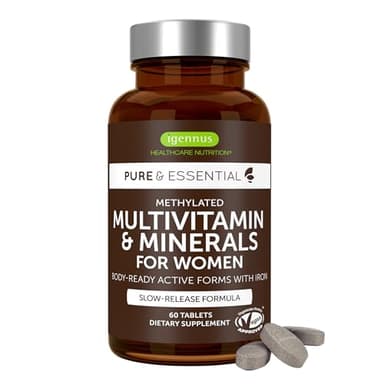 Igennus High Potency Methylated Multivitamin for Women, Pure & Clean Ingredients, MTHFR Supplement with Active B-Vitamins, Vitamin K2 MK7, Gentle Iron, Sustained Released, Non-GMO & Halal, 60 Tablets